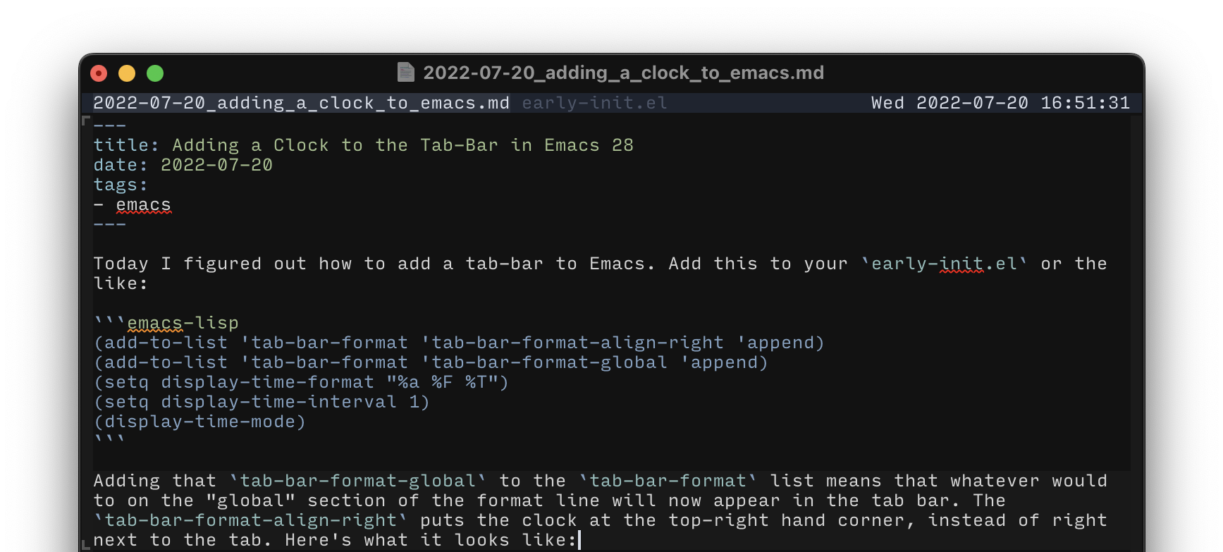 Screenshot of my Emacs buffer while I was composing this post; a custom clock is visible on the right side of the tab-bar